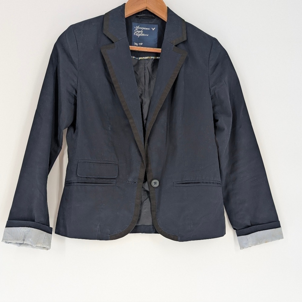 American Eagle Navy Blue Contrast Trim Blazer Single Button Striped Cuff XS